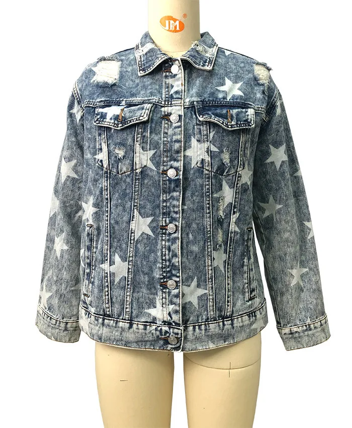 New Style Denim Jacket Women\'s Old Ripped Star Loose Jacket American and European Women\'s Jacket