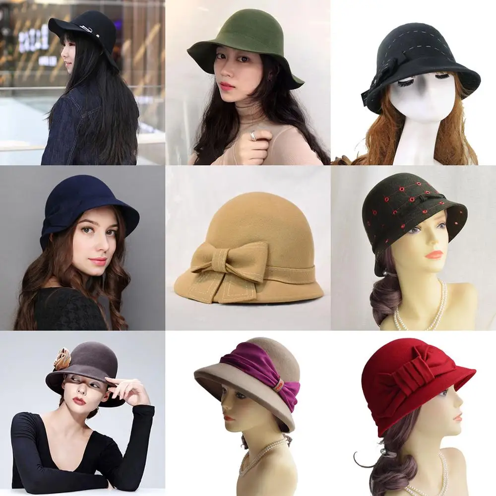 

Winter Casual Wool Felt Bucket Hats For Women Chapeu Fedoras Female Cloche Church Hats SDDW002