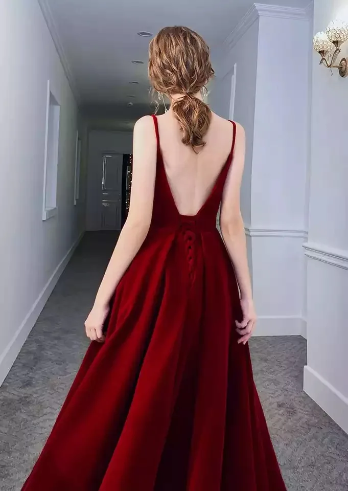 Burgundy Prom Dresses 2021 Ankle Length Velour Spaghetti Strap Sweetheart A Line Simple Evening Gowns Pocket Walk Beside You