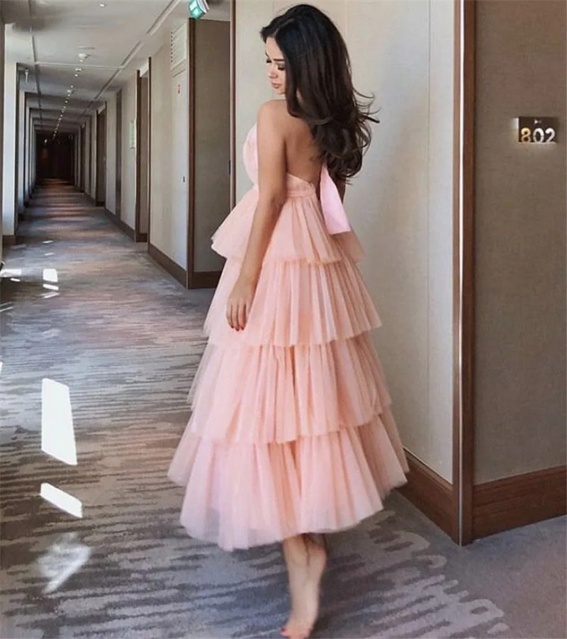 Fdhaolu FU120 Roze Tulle Tiered Avondjurk Morandi Gown Nieuwe Ontwerp Avondjurk 2021 Enkellange Abendkleider