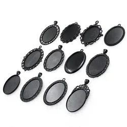 Fit 30x40mm Oval Cabochons Pattern Glass Cameos Black Frame Settings Bezel Tray For DIY Necklace Making Accessories 5pcs K06248