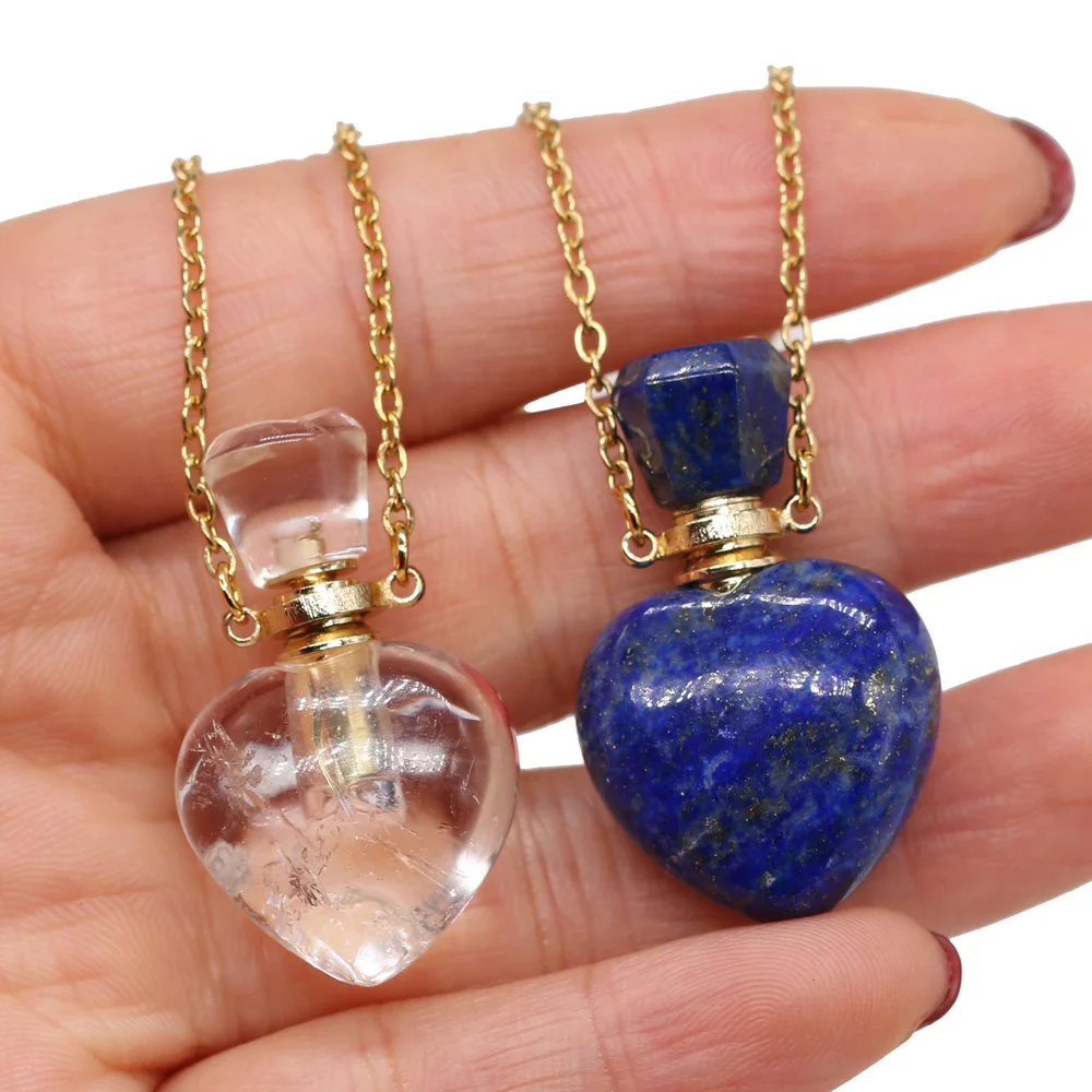 Clear Quartz Heart Bottle Essential Oil Pendant Necklaces for Women Natural Stone Lapis Lazuli Perfume Bottle Necklace Jewelry