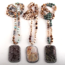 Fashion Beaded Jewelry Natural Stones Crystal Long Knotted Paved Rhinestone Semi Precious Rectangle Stone Pendant Necklaces