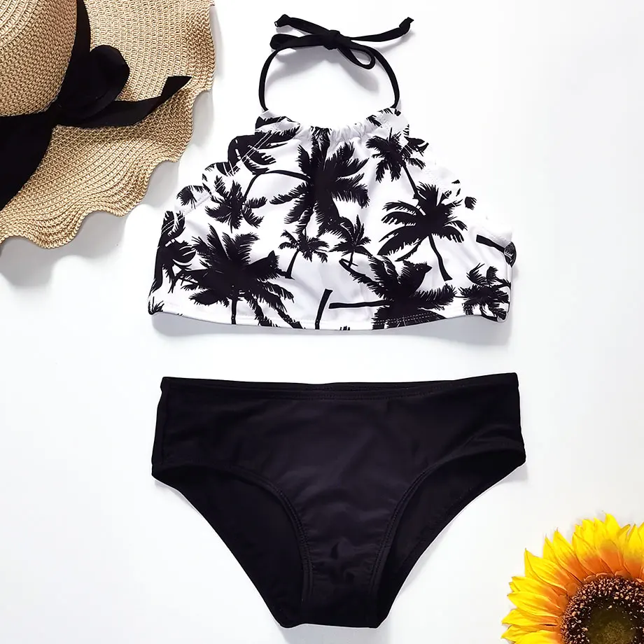

5-14 Years Girl Swimsuit Kids Palm Tree Teenage Girl Bikini Set Halter Top Two Piece Children's Swimwear BIg Girls Bathing Suit