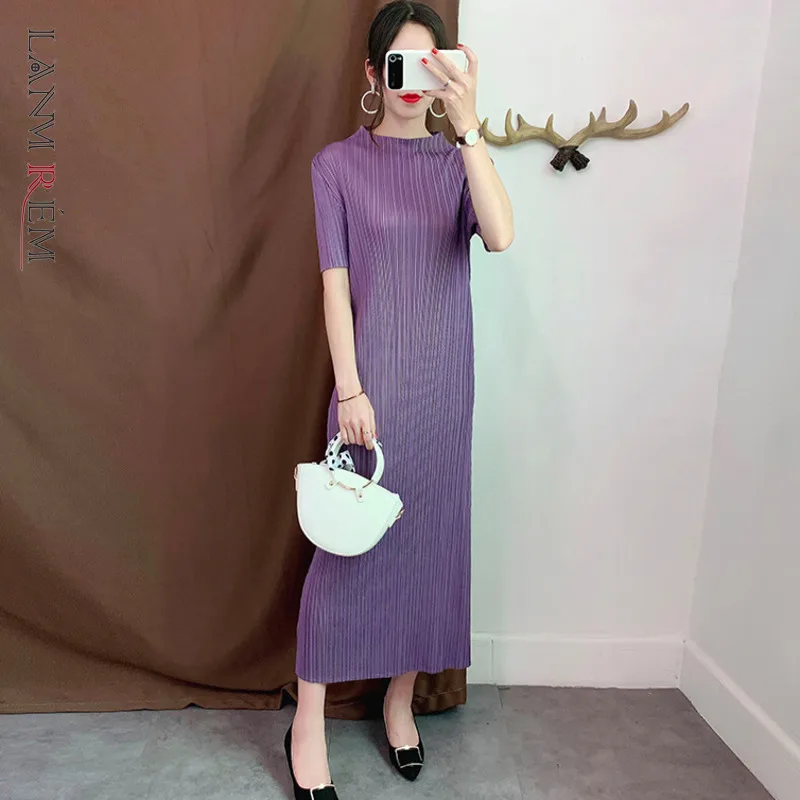 LANMREM Purple Stand-up Collar Short-sleeved Pleated Slim Plus Woman Bottom Dress Casual Simple Fashion 2024 Spring New TV734