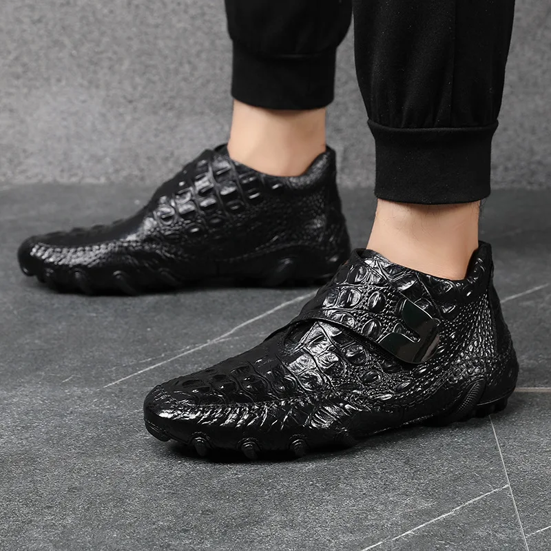 Famous Luxury Ankle Boots Mens Shoes Genuine Leather Shoes Loafer Cow Leather Crocodile Pattern Hasp Casual Shoes