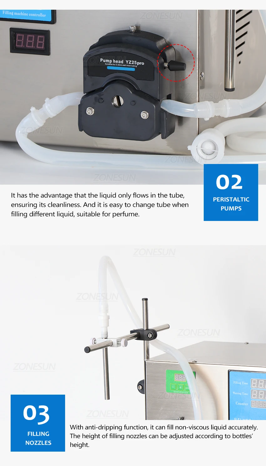 ZONESUN Semi-automatic 2 Nozzles Peristaltic Pump Liquid Filling Machine