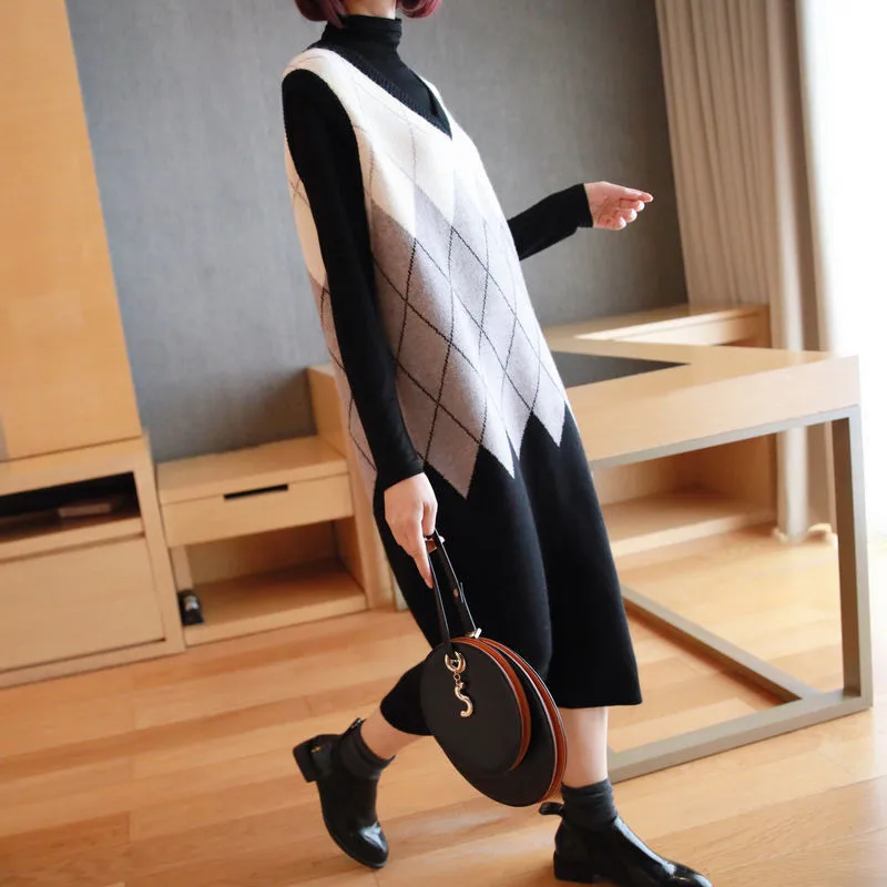 

Women Sweater Vest Knitted Casual Long Sweater Dress V-Neck Sleeveless Simple Pullover Femme jumper Plus Size 2021