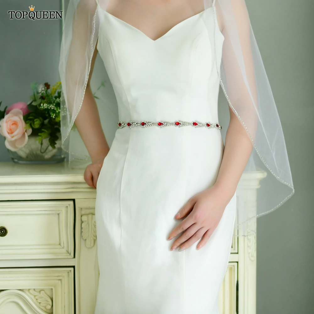 TOPQUEEN S31 Sang Trọng Thắt Lưng Wedding Dress Bridal Với Red Thạch Pha Lê Đính Mỏng Lấp Lánh Kim Cương Sash Phụ Nữ Jewel Quà Tặng