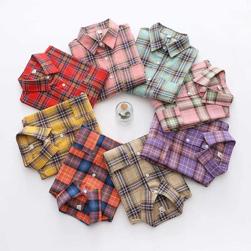 Brand Women\'s Flannel Plaid Shirts 2023 New Ladies Tops Exquisite Designer Style Loose Blouses Casual Cotton Long Sleeve Blouse