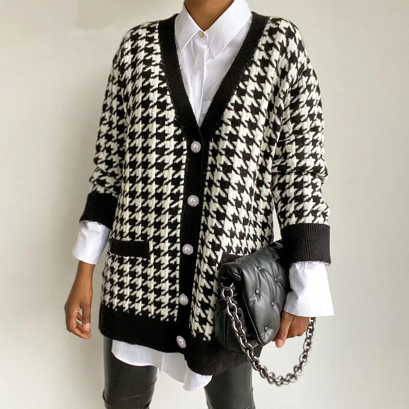 

V Neck Women Button Black Houndstooth Cardigan 2023 Long Sleeve Sweater Autumn Winter Knitted Loose Oversized Jumper Casual