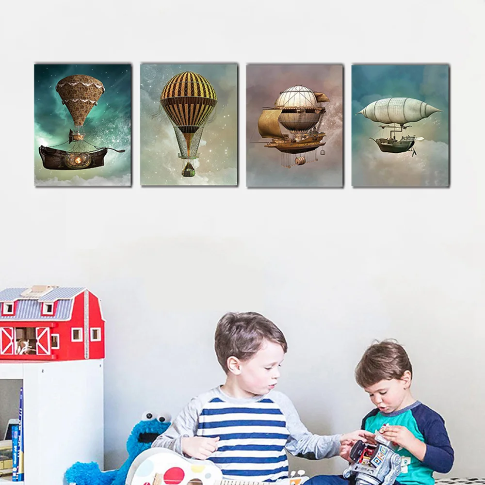 

Canvas Wall Art Hot Air Balloon Starry Space Steampunk Airship Picture Poster for Boys Living Room Nursery Decor Drop Shipping