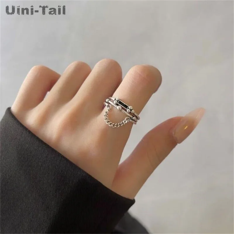 Uini-Tail Hot Selling New 925 Tibetan silver Multilayer Retro Black Rectangular Chain Open Ring Fashion Trendy Flowing Sense