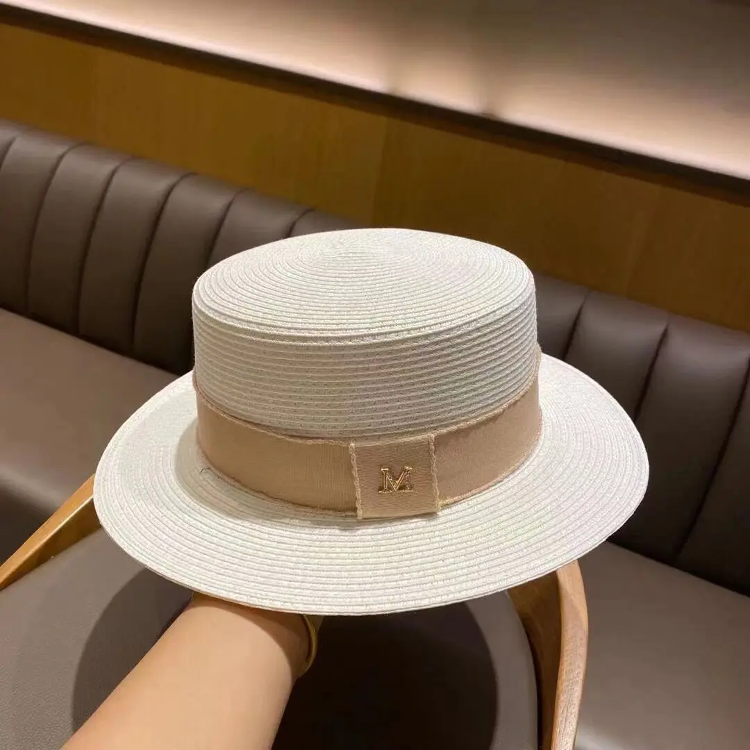 Summer Women\'s Boater Beach Hat Wide Side Female Casual Panama Hat Lady Classic Flat Bowknot Straw Sun Hat Women Fedora Letter M