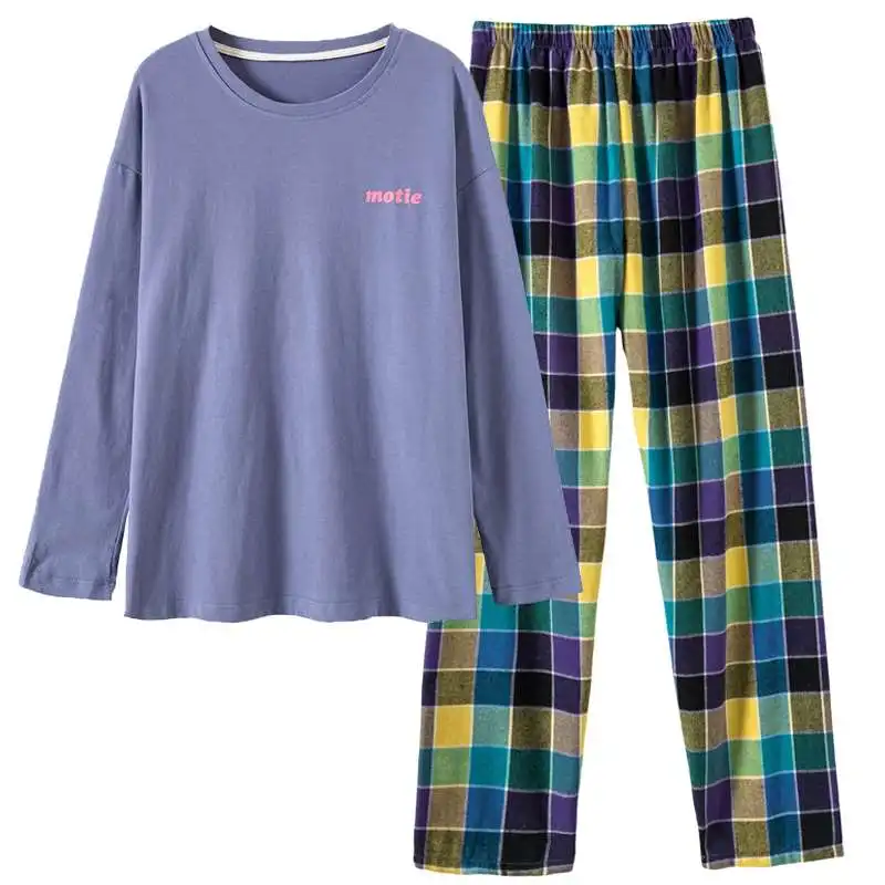 

Plaid Long Sleeve Pullover Top and Long Pants Casual Pajamas Set Women 2022 Loose Simple Pijamas Homewear Outerwear