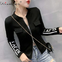 Fall Winter Korean Style Cotton Coat Sexy Chic Pockets Zipper Pullover Print Letter Women Tops 2022 New Short Jacket C08901L