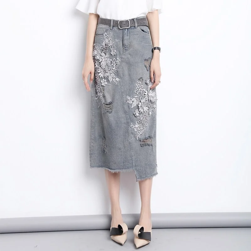 Flower Fashion Beaded Ripped Hole Denim Skirt Female Spring Summer High Waist Slim Fit A-Line Wrap Skirt Plus Size 4XL