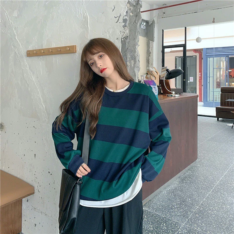 Fall Vintage Striped Long Sleeve Women T Shirts Korean Fashion Casual Harajuku Warm Oversized Streetwear Tops Black Yellow Green