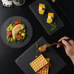 Japanese Rock Board Flat Plates Creativity Solid Color Natural Stone Slab Dinner Plate Cutlery Hotel Restaurant Serving Tray