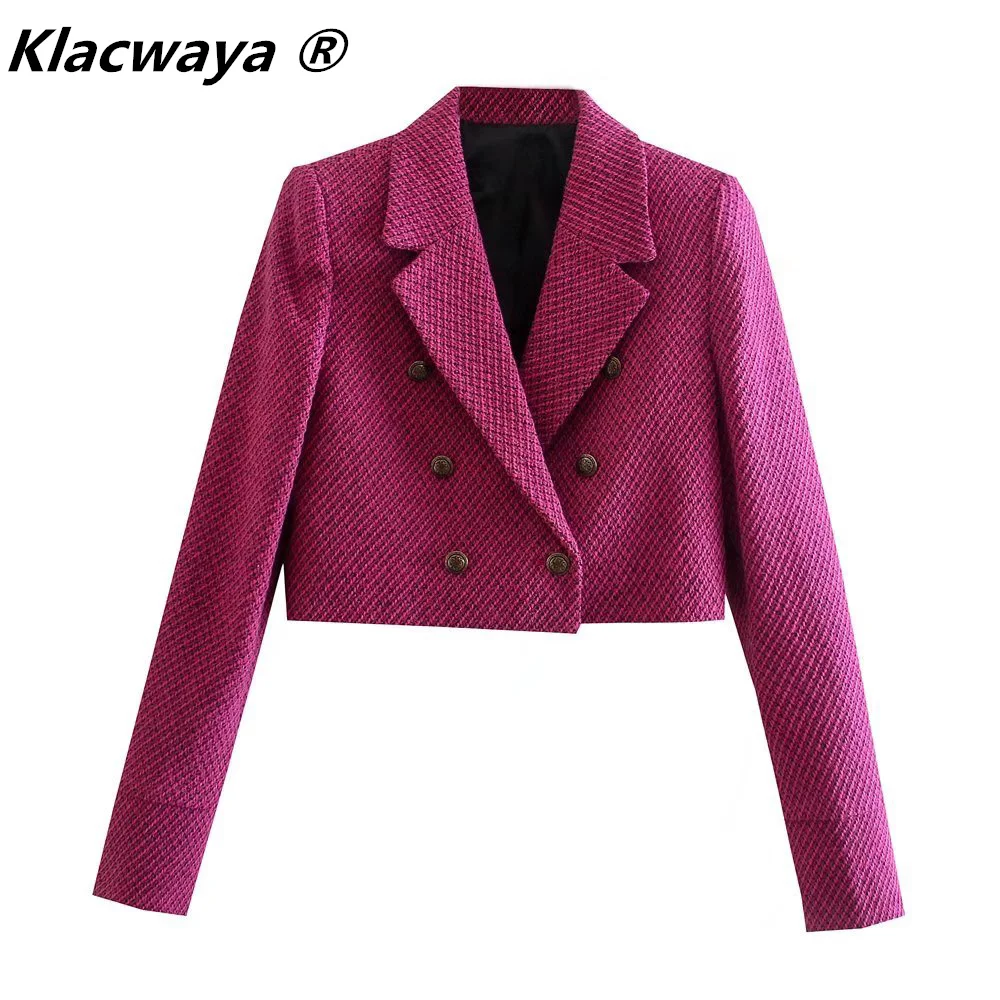 Klacwaya Vrouwen Jas Geweven Tweed Blazer Korte Vrouwen Jas Voor Vrouwen 2021 Elegante Vrouwelijke Blazer Gecontroleerd Jassen