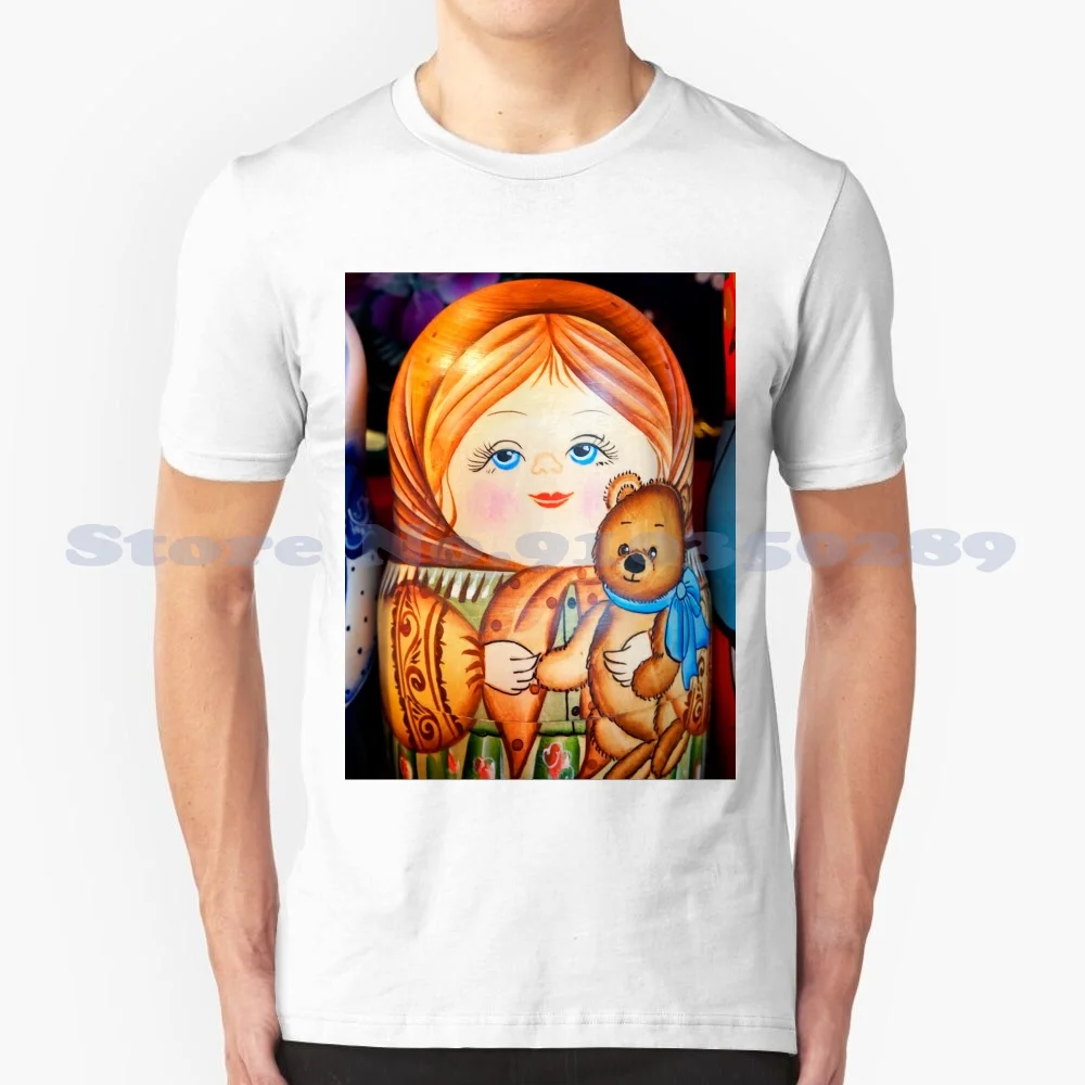 Matrioska & Teddy Bear 100% Cotton T-Shirt Oil Painting Effect Red Girls Female Street Symbol White Background Face Bright