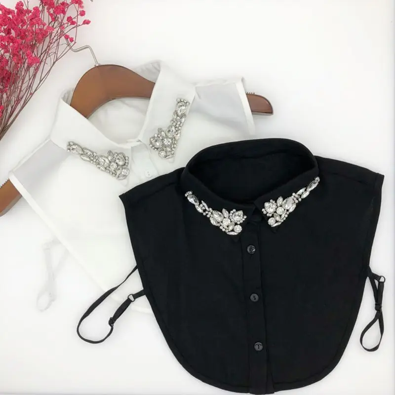 Ladies Women Water Drop Imitation Crystal Chiffon Fake Collars Jewelry Rhinestone Lapel Detachable Button Down Half-Shirt Blouse