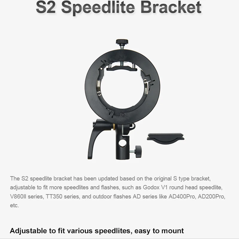 Godox S2 Speedlite 브래킷, 보웬스 마운트 플래시 홀더, Godox V1 라운드 헤드 Speedlite V860II TT350 시리즈, 야외 플래시 브래킷