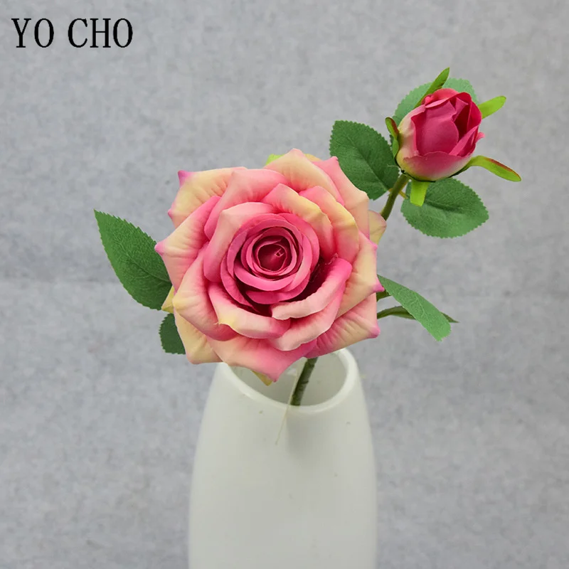 YO CHO Artificial Silk Rose Flowers Big Flower Head with Bud Spring Autumn Home Wedding Decoration Fall Fake Flower Branch