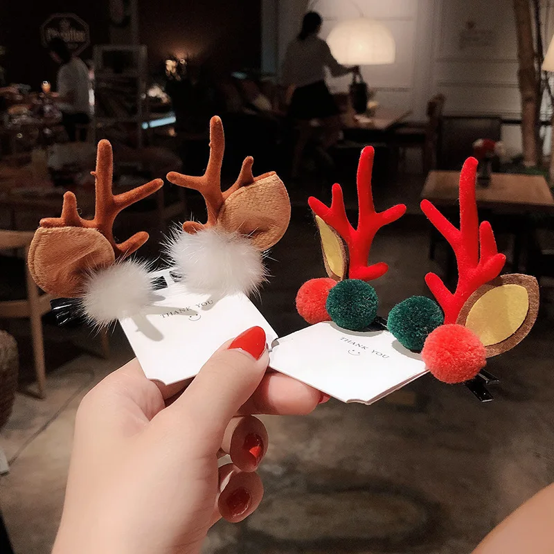 2pcs/set Christmas Cute Antler Hair Clips Deer Ear Hairpins Festival Snowman Santa Claus Moose Mushroom Headwear