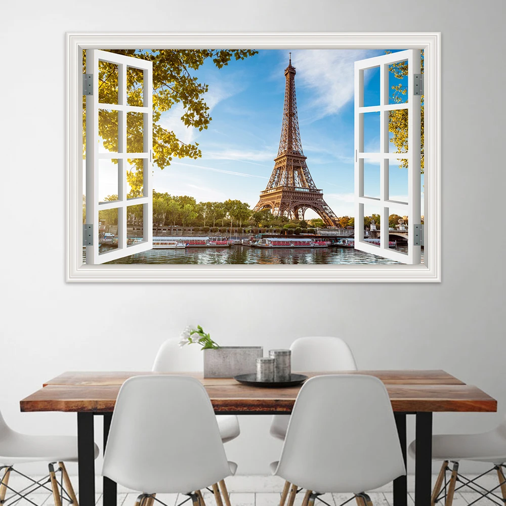 Sunset Tower Window View Wall Sticker For Living Room Kitchen Decor Modern Vinyl Decal Landscape Wallpaper Picture
