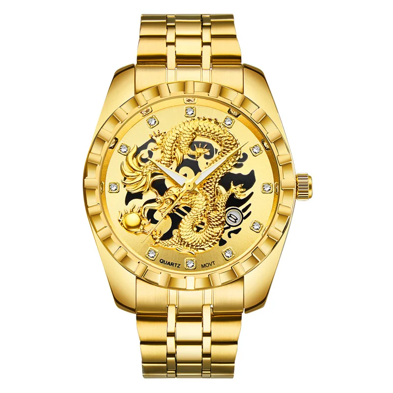 Fashion WLISTH Top Brand Watch Men Embossed Hollow Dragon Wristwatch Men\'s Full Stainless Steel Gold Quartz Male Clock Erkek Kol