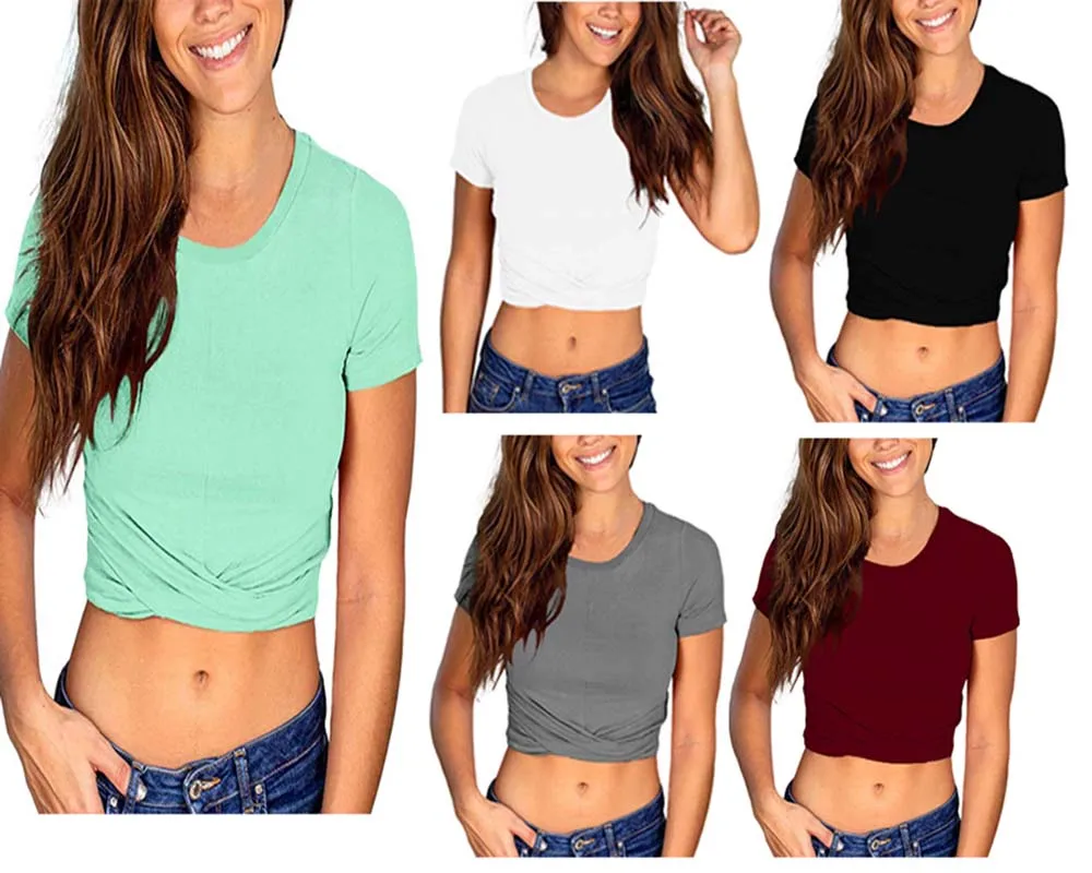 Women's Tshirts 2020 New Girls Sex Casual Short Round Neck Cross-exposed Navel Short-sleeved Top T-shirt Streetwear TShirt Tee