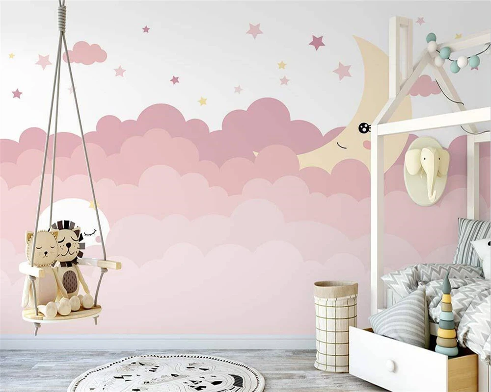 

beibehang Custom modern nordic hand-painted pink cloud moon child starry wallpaper papel de parede wall papers home decor