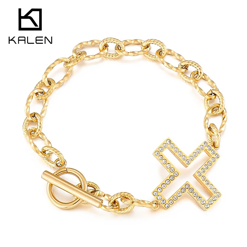 KALEN Zircon Cross Bracelet Strand Twist Chain With Cross Charms Bracelet for Women Stainless Steel OT Clasp Closure