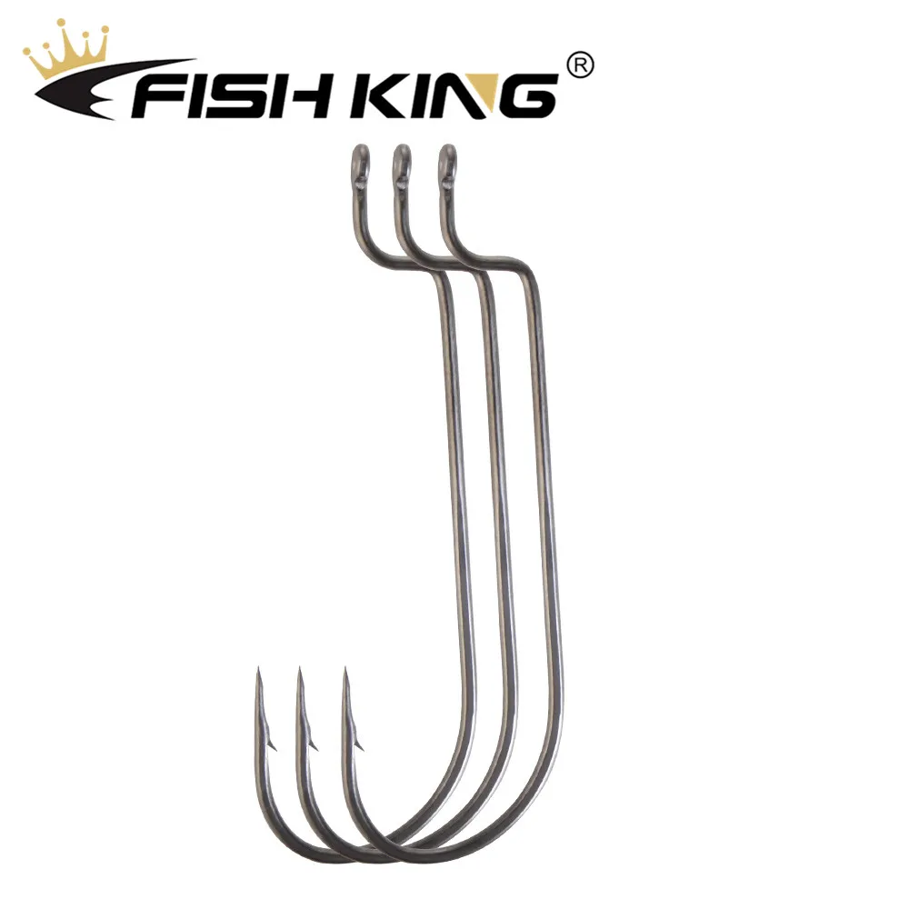 FISH KING Barbed Carp Fishing Hook Carbon Steel Crank Offset Fishhook for Soft Worm Lure Bass 6Pcs/Pack 3/0 #-3 #