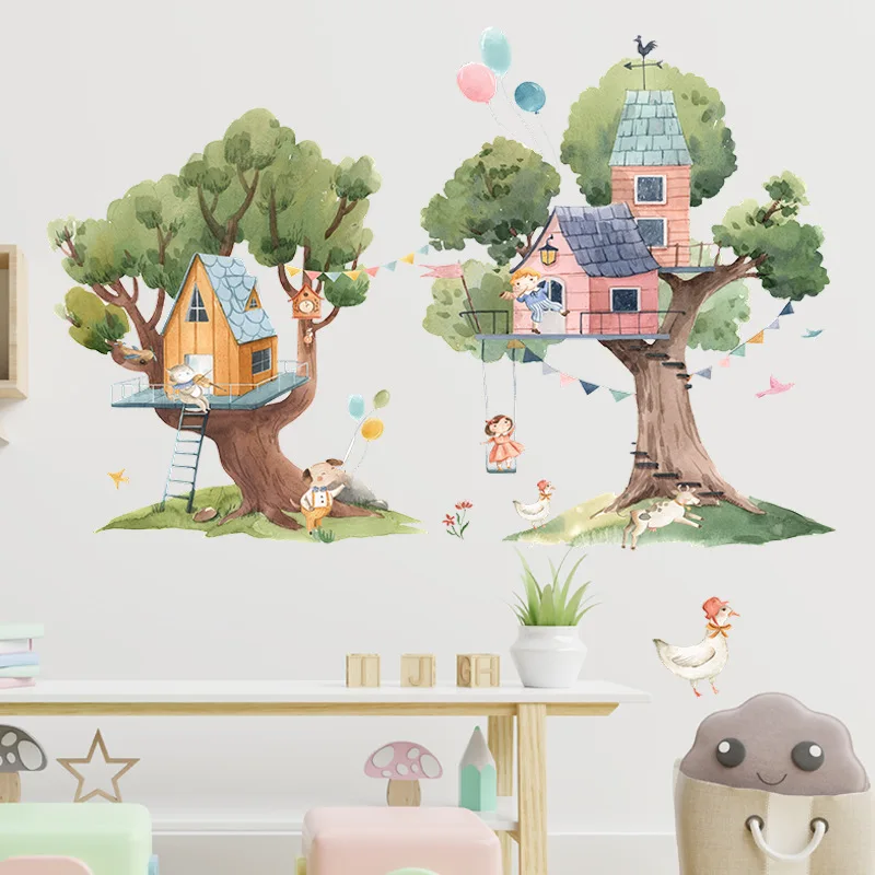 Painted Cartoon Animals Children Trees House Wallpaper Living Room Bedroom Porch Home Decoration Wall Stickers Self-Adhesive image 3