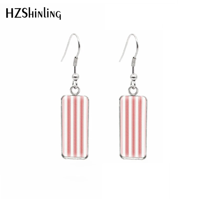 Stripe Coloured Multicolour Pattern Border Fish Hook Earrings Stainlesss Steel Glass Rectangle Dome Pendants Jewelry for women