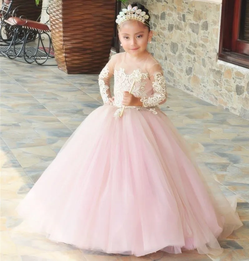 

Puffy A-Line Pink Flower Girl Dress for Wedding Long Sleeve Girls First Communion Dress Pageant Birthday Gown Size 1-16Y