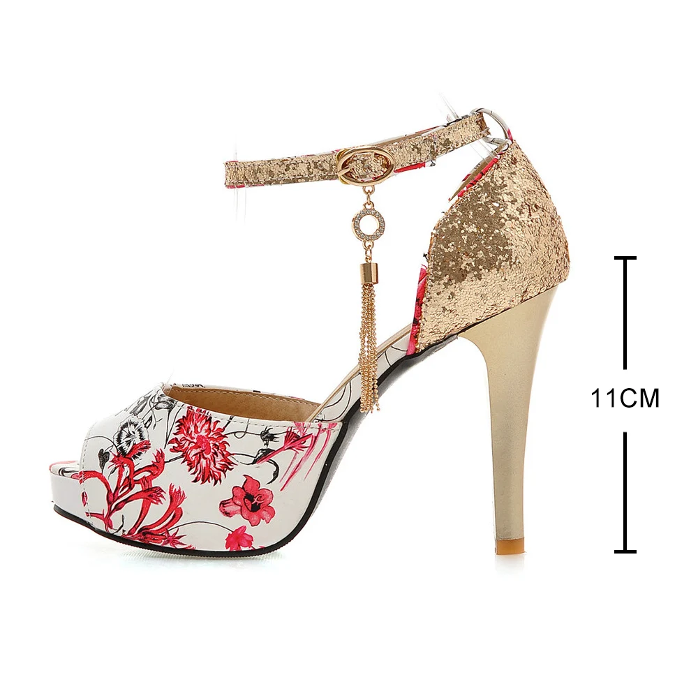 women Summer Flower print shoes Fish Mouth high heel ladys platform sandals evening dress wedding shoes femal zapatos de mujer