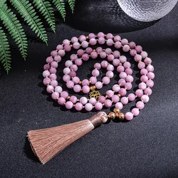 8mm Kunzite Beaded Knotted Japamala Necklace 108 Mala Rosary Meditation Yoga Jewelry Set with Golden Stainless Steel Beads Lotus