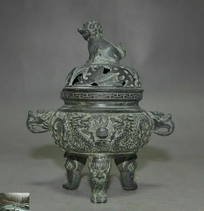 

Старая китайская бронзовая статуя дракона Foo Dog Lion Beast, курильница, антикварный декоративный предмет