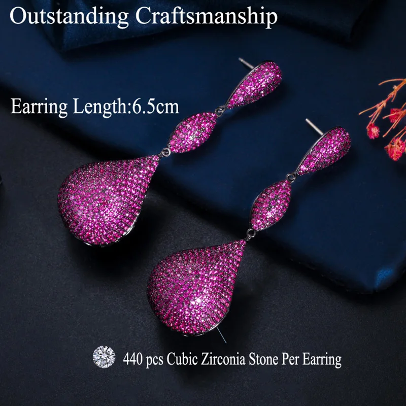 Pera Luxury Big Disco Ball Hot Pink CZ Stone Aesthetic Black Gold Color Long Engagement Party Dangle Earrings for Women E597