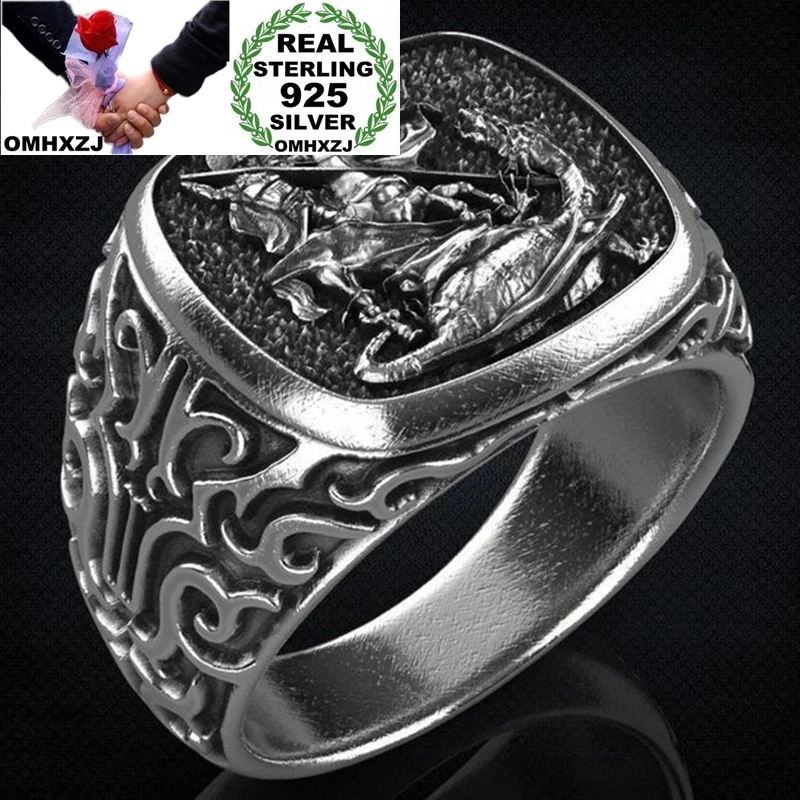 OMHXZJ Wholesale RR1312 European Fashion Fine Man Male Party Birthday Wedding Gift Vintage God Warrior 925 Sterling Silver Ring