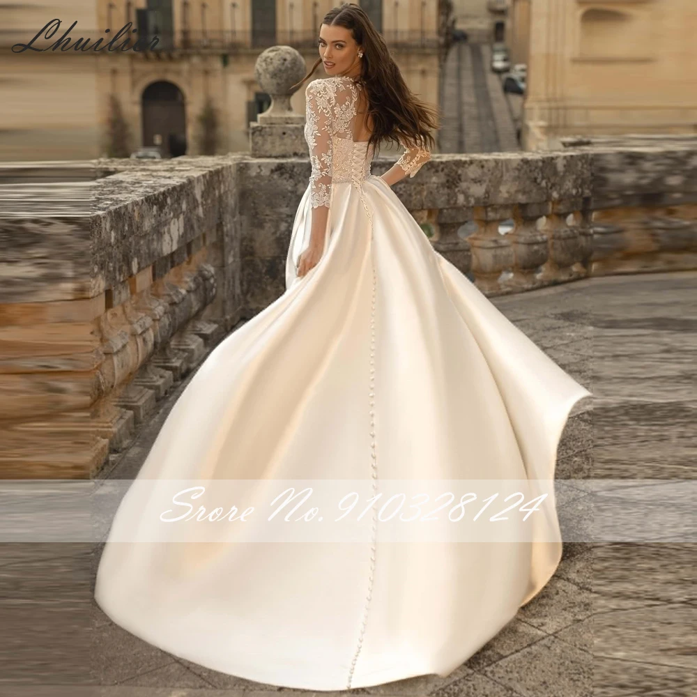 Lhuilier CustomizedA-line Satin Wedding Dresses Three Quarter Sleeves Lace Appliques Floor Length Bridal Dress with Beading Belt