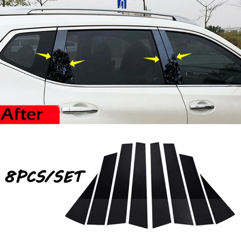 8PCS Polished Pillar Posts Fit  For Nissan X-Trail Rogue 2014-2018 Window Trim Cover BC column sticker