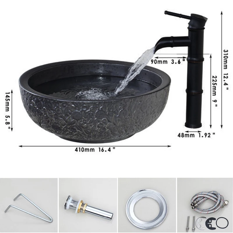 YANKSMART Lavatory Bathroom Ceramic Vanity Sink Brass Faucet Mixer Water Tap Washbasin Set Bamboo Waterfall Basin Tap Combo Kit