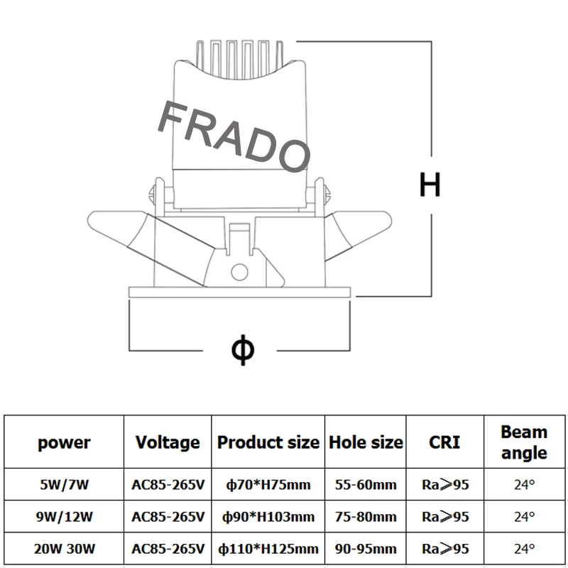 Hohe Helle 5W 7W 12W 20W 30W Dimmbare COB LED Downlights 24 Winkel Leuchte Einbau lichter der decke Unten Lampen Garantie – Detail 2