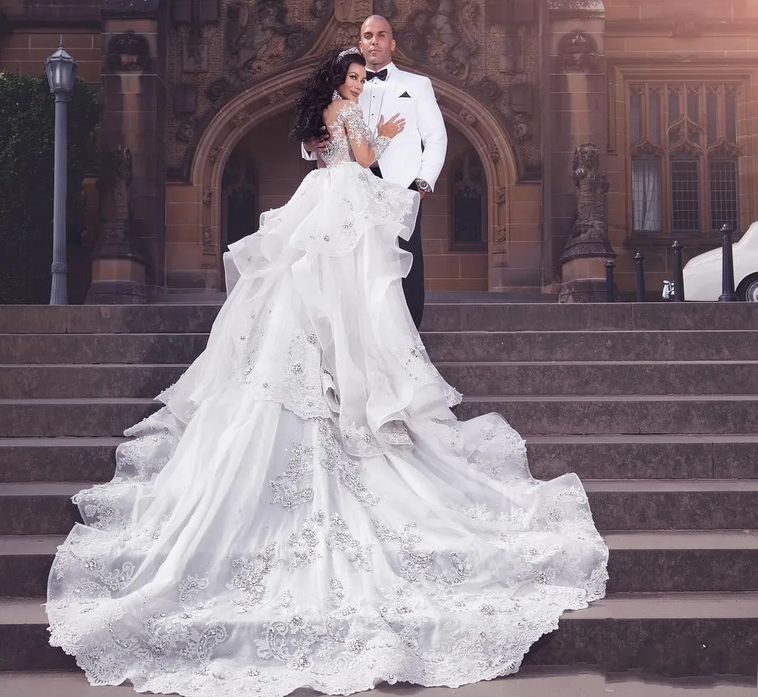 Lujoso vestido de novia de cristal con diamantes de imitación, cuello alto, apliques de cuentas, manga larga, vestido de novia de sirena, sobrefalda Árabe de Dubai