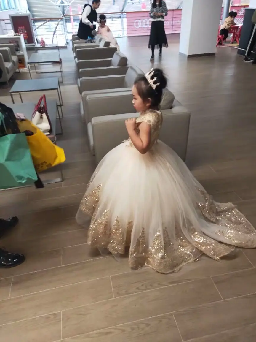 Flower Girl Tutu Long Dress Golden Sequin Lace Girls Prom Gowns Girl Party Dresses Evening Princess Wedding Girl Dresses