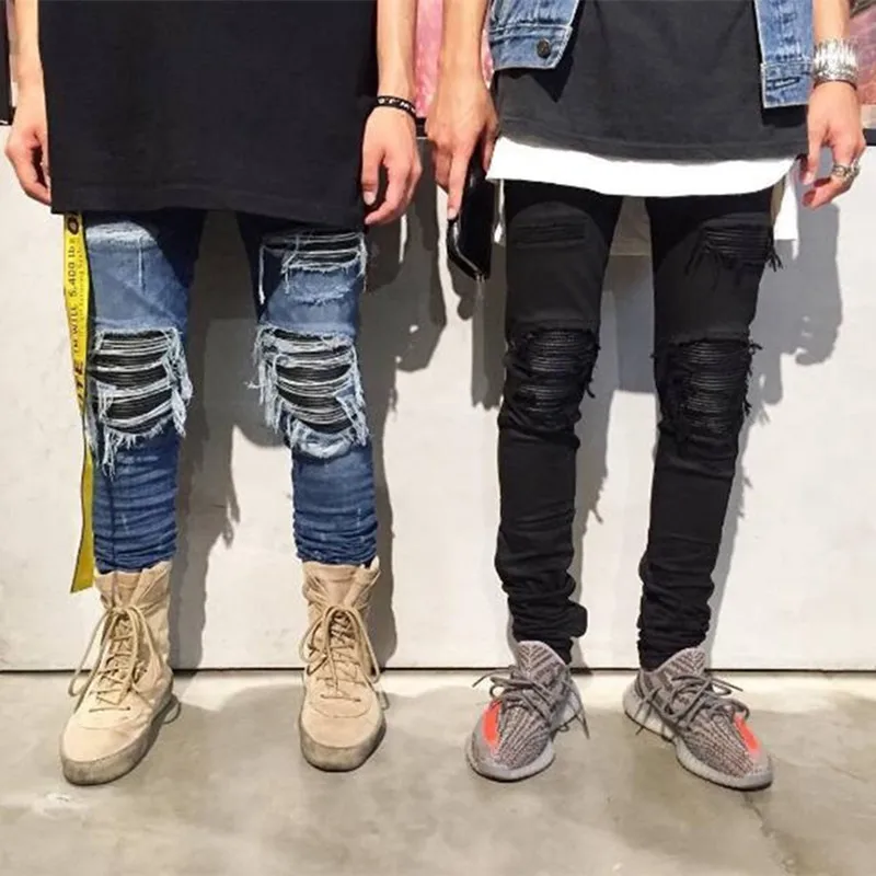 2021 Kanye West Hole Ripped Punk Men Stretch Pencil Jeans Trousers Patch Leather Hip Hop Stylish Skinny Denim Pants Moda Hombre